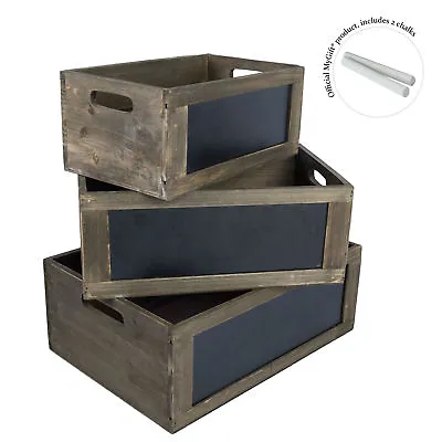 Rustic Brown Wood Nesting  Crates W/ Chalkboard Front Panel & Handles Set Of 3 • $47.99