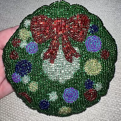 Vintage Beaded Zip Coin Purse Bag Christmas Wreath Red Green Neiman Marcus • $26.24