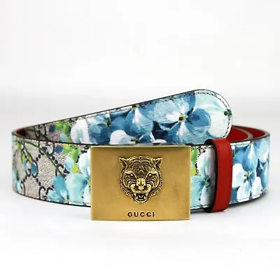 Gucci Women's/Unisex Blue Bloom Print Belt W/Gold Tiger Buckle 546384 8492 • $369.99