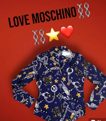 NWT Love Moschino Shirt Vintage  Sz 8 Color Navy Chain/Lock Print Y2K Rockabilly • $59.99