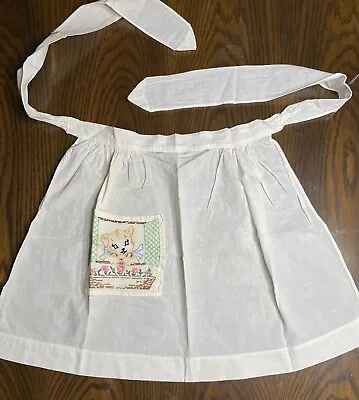 Vintage White Cotton Handmade Apron Embroidered Pocket With Puppy Dog READ • $18.50