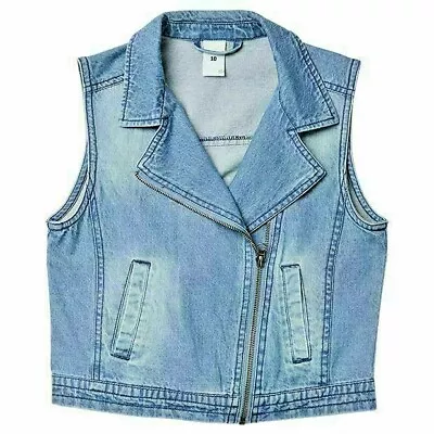 Enchanted Sleeveless Blue Denim Biker Welt Pocket Front Angled Collar Zip Vest14 • $9.95