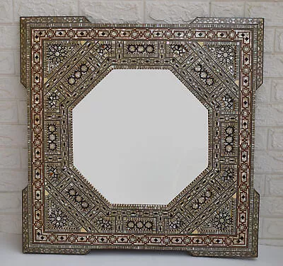 Handcrafted 29  * 29  Moroccan Wood Wall Mirror Frame Mother Of Pearl Inlay • $383.90