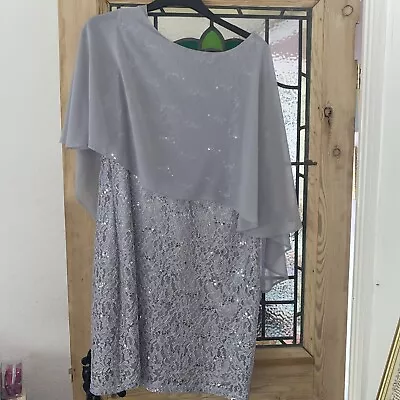 Size 46” 18 Grey Klass Lace Sequin Sheer Bodice Overlay Cocktail Party Dress • £14.99
