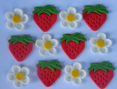 12 Edible STRAWBERRY & FLOWERS Cake Topper Decoration CUPCAKE Wedding FRUIT  • $17.38