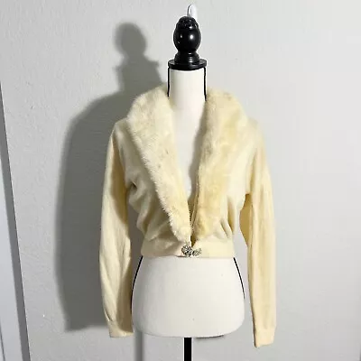 Vtg 60's Dalton 100% Cashmere Sweater Faux Fur Trim Long Sleeve Cream Sz M/L • $28