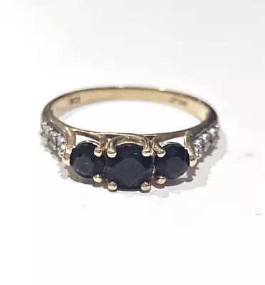 9ct Solid Yellow Gold YG Genuine Black Sapphire Diamond Ring Size O Pre Owned • $118.50