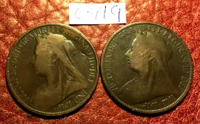 2 Veiled Head Queen Victoria Pennies 1898 1899 - Job Lot 6919 • £1.35