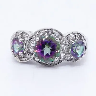 Sterling Silver Vintage Three Stone Mystic Topaz W. Clear CZ Halo Ring Size 7 • $18.99