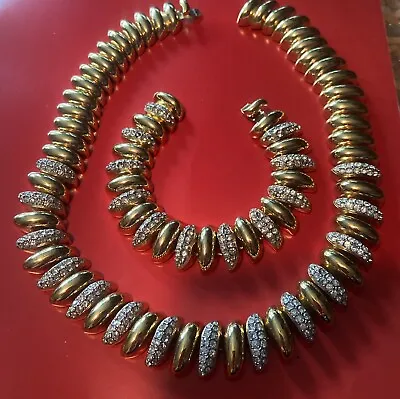 VTG RUNWAY COUTURE Rhinestone Heavy COLLAR Necklace & Bracelet Set Gold Tone • $189.99