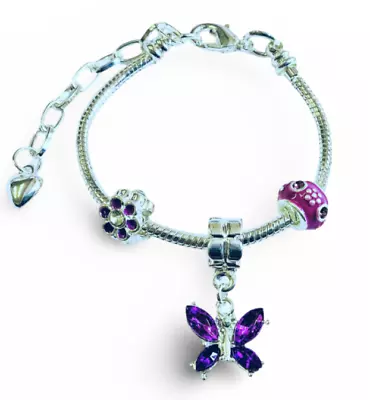 Children's Purple Butterfly Wishes Adjustable Silver Plated Charm Bead Bracelet • £10.99