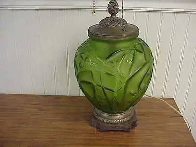 R. Lalique France Green Glass Sauterelles Grasshoppers Vase 11  Electrified Lamp • $3495