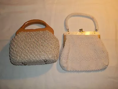 2 Vintage Handbags Beaded Mother Pearl Handle & Braided Wooden Handle Hong Kong • $6.99