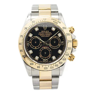 Rolex Daytona 116523 18k Gold Steel Black Factory Diamond Dial Men's Watch 40mm • $27981.42