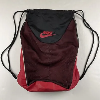 Nike Drawstring Backpack Bag Nylon Mesh Front Pockets Inner Pocket Black Red • $11.27