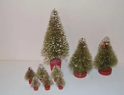 Antique Bottle Brush Christmas Trees SET OF 9 VARIOUS SIZES W SNOW MINIATURE • $45