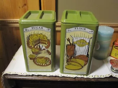 VTG Harper And Ransburg  FLOUR SUGAR BOHO GRAPHIC FRONT AVOCADO GREEN Canisters • $35