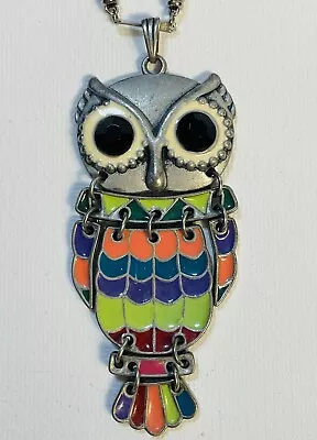 Owl Pendant Necklace Colorful Cute Vintage 60’s 70’s Articulated Enamel • $25