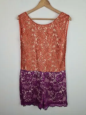 $3 • Buy Jenna Rose Purple & Orange Lace Open V Back Playsuit Romper Jumpsuit Ladies Sz L