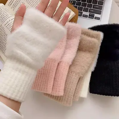 Warm Fingerless Mittens Winter Rabbit Fur Half Finger Gloves Plush Knitted • $5.50