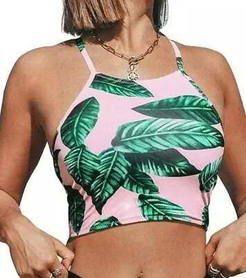 SEASELFIE Women's Pink High Neck Bikini Swim Modest SZ Small~banana Leaves  • $18.99