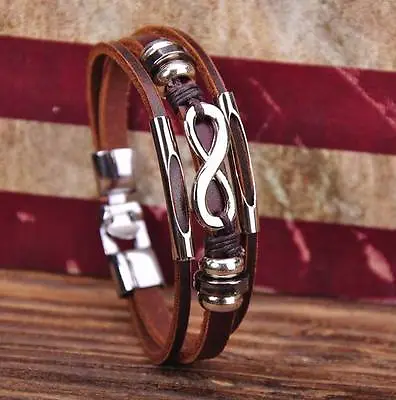 G118 Brown Cool Metal Infinity Surfer Leather Mens Wristband Bracelet Cuff New • $7.25