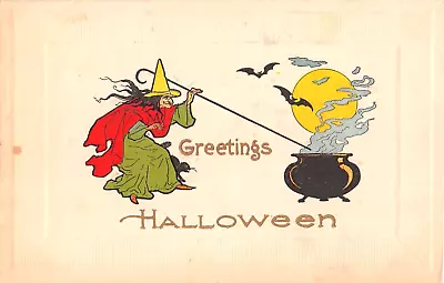 1912 Witch Stirring Kettle Black Cat & Bats Halloween Post Card • $45