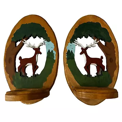 Pair Of Handcrafted Carved Deer Wooden Wall Sconce Candle Holders Cabin Decor • $43.89