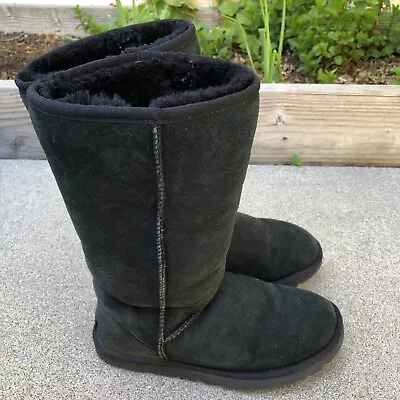 UGG AUSTRALIA Classic Tall Boots Women's 6 Leather Suede Sherpa Black 5815 • $27.89