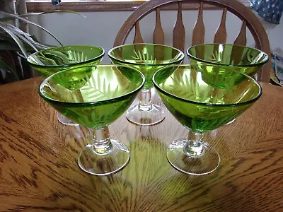 Sherbet Dessert Etched Green Glass Stem Mid Century Vintage - Set Of 5 • $29.99