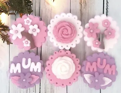 6 Edible Mothers Day Pink Lilac & White Flowers Roses  Fondant Cupcake Toppers • £6.99