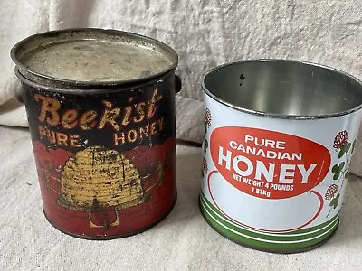 2 Vintage Antique Pure Honey Beekist Bee Skep Pail Tin Lid Bail Apiary CA / Miel • $39.99