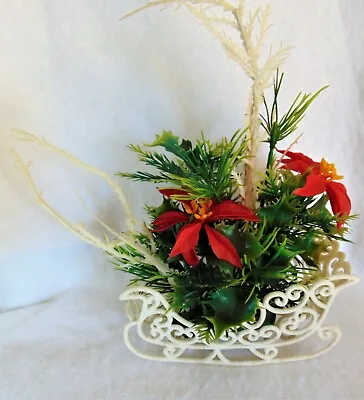 Vintage Christmas Plastic Sleigh W Poinsettia Flowers Centerpiece 11x7  Decorati • $19.95