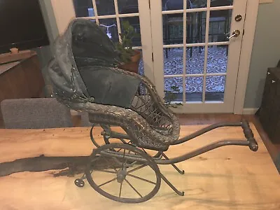 Rare Antique Wicker Wood Canvas Doll Baby Carriage Buggy Stroller Pram • $10