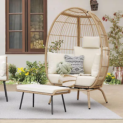 Wicker Egg Chair Indoor Outdoor With Ottoman Cushion Living Room Patio Backyard • $233.69