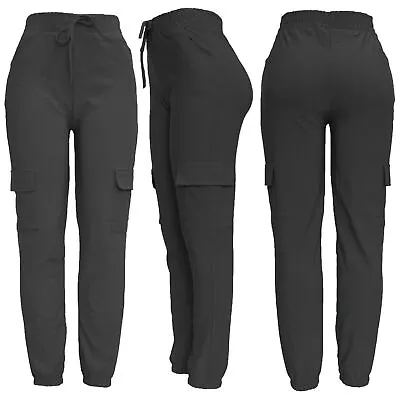 Ladies Magic Stretch Cargo Comfy Plain Joggers Button Pocket Trousers Pant 8-14 • £9.39