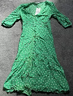 ZARA Green And White Spot Tea Dress Size L NEW - 3564/061 POLKA DOT PRINT V NECK • £29.95