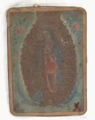19th C. Antique Mexican Painted Tin Retablo The Virgin Of Guadalupe Virgin Mary • $9.95