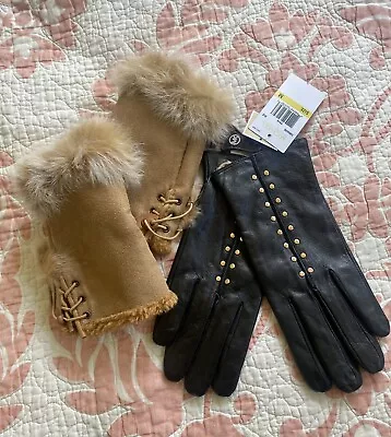 Job Lot Michael Kors Leather Stud Fur Fingerless Gloves .. M • $18