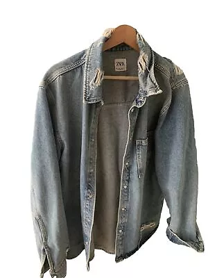 Zara Men's Ripped Frayed  Light Blue Denim Jacket Size L • $15