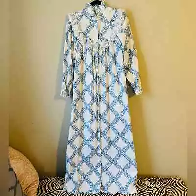 Vintage Made In USA Maggie McQuade Modest Blue White Ruffle Long Nightgown • $48
