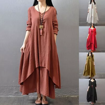 Stylish Women's Cotton Linen Maxi Dress V Neck Long Sleeve Solid Color • $39.90