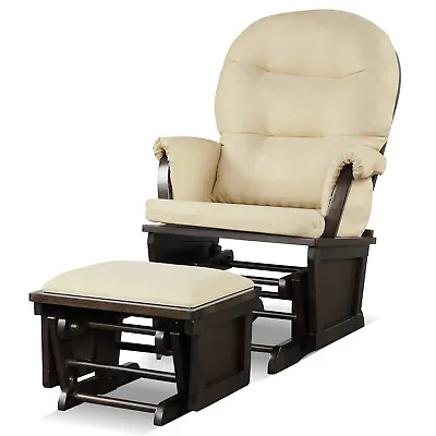 Costway Wood Glider And Ottoman Cushion Set Baby Nursery Rocking Chair Beige • $199.99