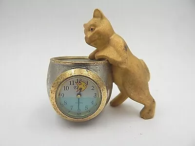 Vintage ELGIN ~ Cat & Fish Bowl ~ Miniature Clock ~ 2 1/4  Tall ~ New Battery! • $25.68