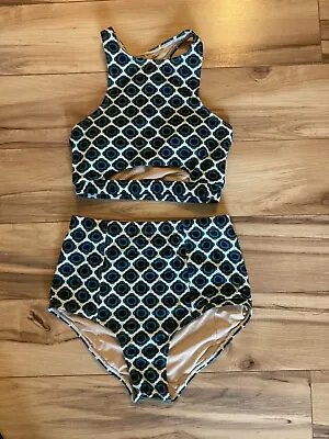 ModCloth Kingdom & Slate Green 2 Pc Swimsuit High Waist Razorback XS Top/S Botto • $20