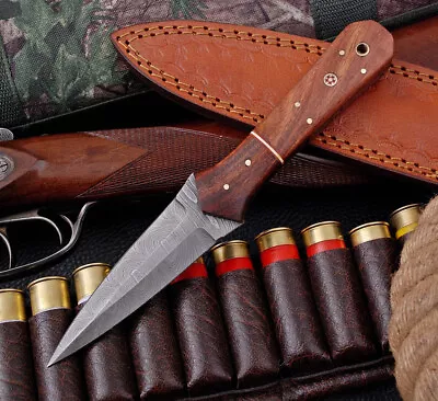 Double-Edged V42 Military Damascus Steel Dagger Boot Knife Wood Handle-74 • $26.99