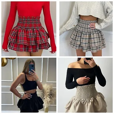 Women Ladies Frill Mini RaRa Skirt Tartan Check Pleat Gathering Mini Party Skirt • £13.90