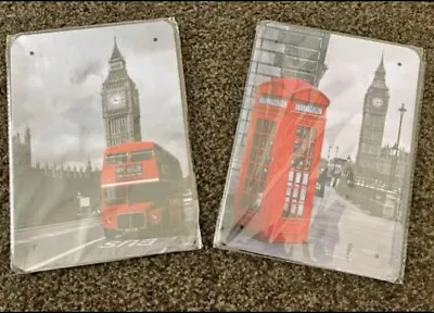 TWO London Scene Tin Signs Red Bus And Red Phone Box • £4.99