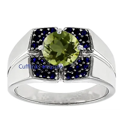 Natural Peridot & Sapphire Gemstones With 925 Sterling Silver Ring For Men's #99 • £105.36