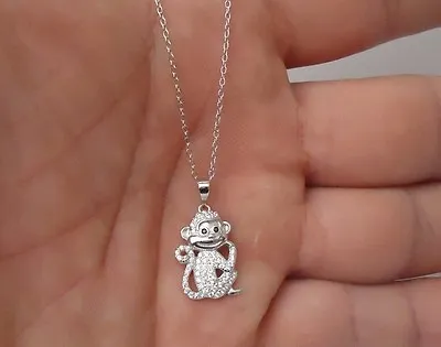 925 Sterling Silver Monkey Pendant Necklace W/.75 Ct Lab Created Diamonds • $40.15